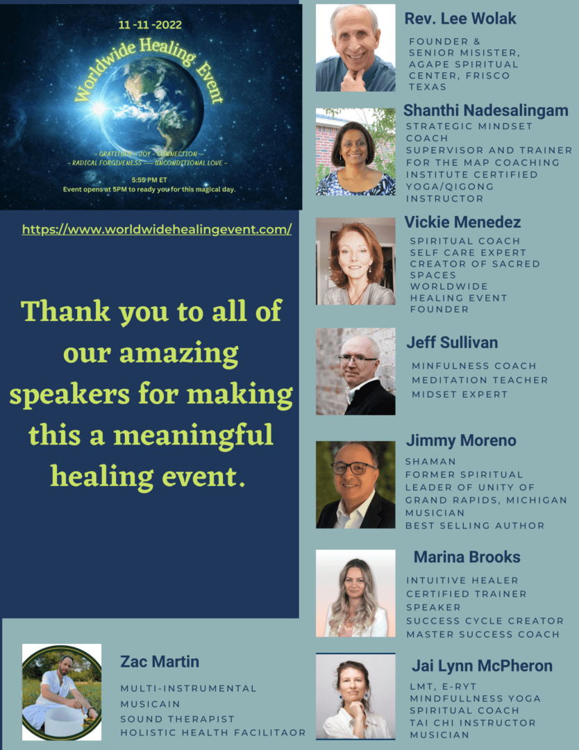 A poster with speakers and the words " thank you to all of our amazing speakers for making this a meaningful healing event ".